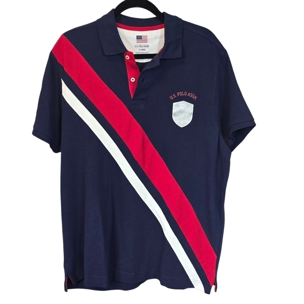 U.S. Polo Assn. Diagonal Stripe Pique Polo Shirt Blue & Red NWT Size XL - Picture 4 of 15